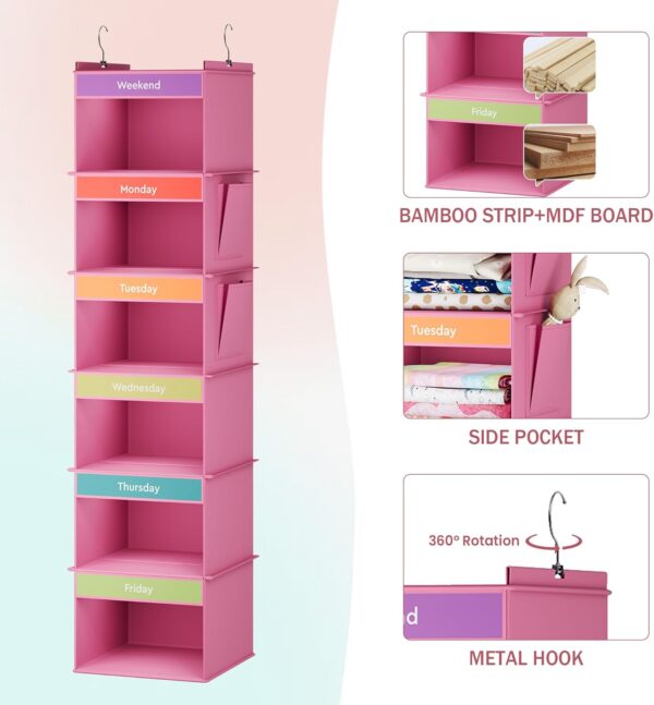 6-Shelf Weekly Hanging Closet Organizer, Weekly Clothes Organizers for Kids with 2 Side Pockets, Pink