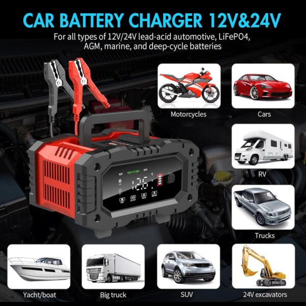 YONHAN Battery Charger 0-20A 12V/24V LiFePO4 Lead Acid Fully Automatic Battery Maintainer, Car Battery Trickle Charger Automotive w/Battery Repair, Winter Mode, for AGM, STD, Gel, Deep Cycle Batteries