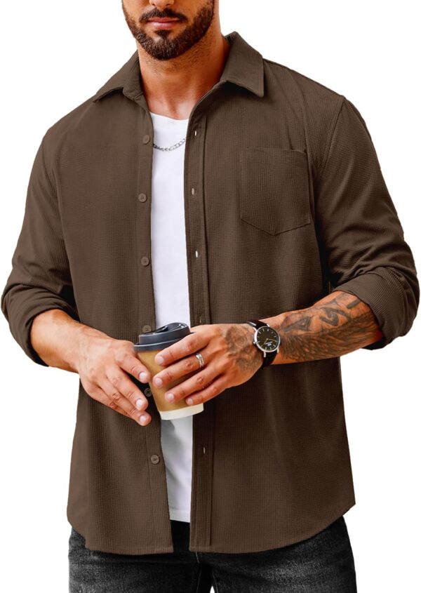 COOFANDY Men's Waffle Button Down Shirts Casual Long Sleeve Shacket Jacket with Pockets