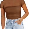 REORIA Women's Sexy Mock Turtle Neck Short Sleeve Shirts Sheer Mesh Ruched Trendy Going Out Bodysuits Tops