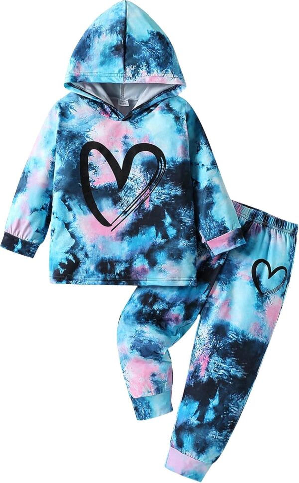 Toddler Baby Girls Clothes Long-sleeve Tie Dye Hoodie Pullover and Sweatpants Heart Print Hooded Outfits Set