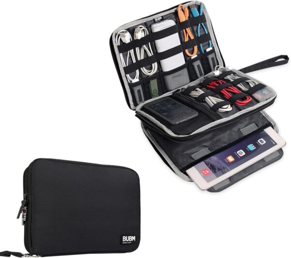 BUBM Double Layer Electronics Organizer/Travel Gadget Bag For Cables,Memory Cards,Flash Hard Drive and More,Fit For iPad Or Tablet(Up To 9.7")--Large, Black