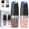 Gravity Electric Salt and Pepper Grinder set of 2, Automatic Salt And Pepper Grinder Set, Adjustable Roughness, Battery Powered, LED Light, 2 Pack, (Black)