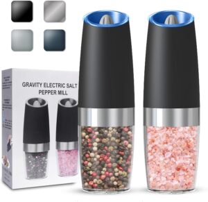 Gravity Electric Salt and Pepper Grinder set of 2, Automatic Salt And Pepper Grinder Set, Adjustable Roughness, Battery Powered, LED Light, 2 Pack, (Black)