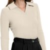 WIHOLL Womens Polo Shirts Long Sleeve Business Casual Tops Collared V Neck Ribbed Knit Sweater Slim Fit Blouses