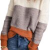 Dokotoo Womens Color Block Sweaters Long Sleeve Crewneck Pullover Knit Jumper Tops