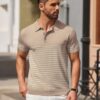 COOFANDY Men's Knit Polo Shirts Short Sleeve Striped Golf Polo Shirts Lightweight Casual Collared T Shirt