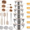 Mixing Bowls with Airtight Lids Set, 20 PCS Kitchen Gadgets Set, 6 Stainless Steel Bowls, 3 Grater Attachments, Non-Slip Silicone Bottoms, Great for Serving&Baking, Size 5, 4, 3.5, 2.1, 1.5, 1.1QT