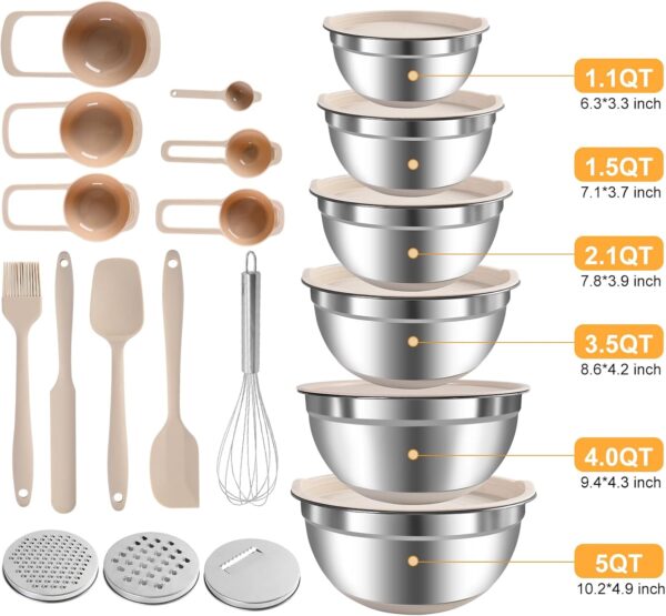 Mixing Bowls with Airtight Lids Set, 20 PCS Kitchen Gadgets Set, 6 Stainless Steel Bowls, 3 Grater Attachments, Non-Slip Silicone Bottoms, Great for Serving&Baking, Size 5, 4, 3.5, 2.1, 1.5, 1.1QT