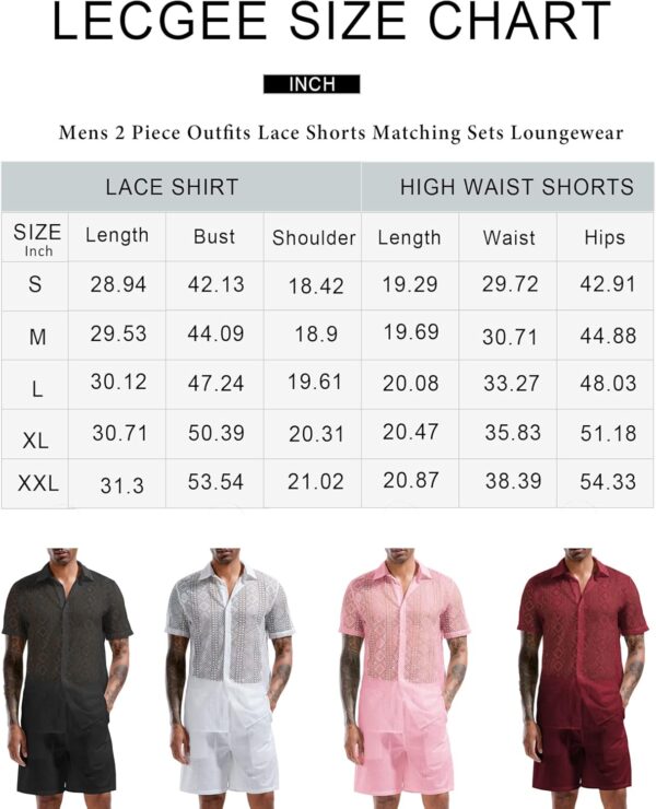 LecGee Men Summer Casual Short Sets Lace Short Sleeve Button Down Shirt Elastic Waist Shorts 2 Piece Outfits Tracksuit