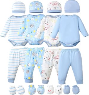 NZRVAWS Newborn Baby Boy Clothes Infant Romper Pants Set Hat 4-Pack Outfits 0-12 Months 16 Pieces Gift Toddler Girl Unisex