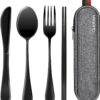 Travel Utensils with Case, Quatish Portable Silverware Set for Work, Stainless Steel Reusable Travel Cutlery Set, Fork and Spoon Set for Camping, Picnic, Gadgets, Lunch Box for Men, Black