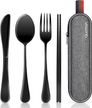 Travel Utensils with Case, Quatish Portable Silverware Set for Work, Stainless Steel Reusable Travel Cutlery Set, Fork and Spoon Set for Camping, Picnic, Gadgets, Lunch Box for Men, Black