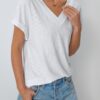 Womens Cap Sleeve Summer Tops V Neck Eyelet Embroidery T Shirts Loose Fit Casual Fashion Clothes