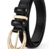 Women Leather Belt for Jeans Pants Fashion Ladies Skinny Faux Leather Dress belt with Gold Buckle