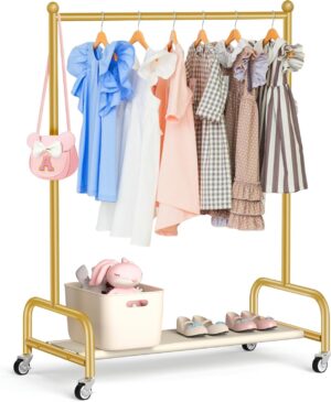 SLEEPING LAMB Kids Dress Up Rack with Wheels, Metal Small Kids Clothing Rack for Hanging Clothes with Bottom Shelf, Baby Dress Up Storage Wardrobe for Little Girls,Toddler, Gold