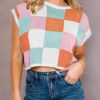 Saodimallsu Womens Cap Sleeve Crop Tops Summer Color Block Going Out Crew Neck Knit Trendy Casual Sweater