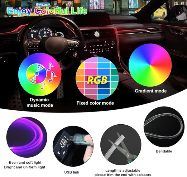 LivTee Smart LED Car Lights Interior with USB Port, LED Strip Fiber Optic Ambient Lighting Car, Wireless App Control, Sync to Music, Car Decorations Interior Accessories Gifts for Women Men, 6 in 1