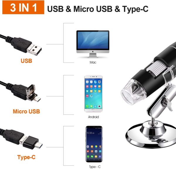 USB Digital Microscope 40X to 1000X, 8 LED Magnification Endoscope Camera with Carrying Case & Metal Stand, Compatible for Android Windows 7 8 10 11 Linux Mac