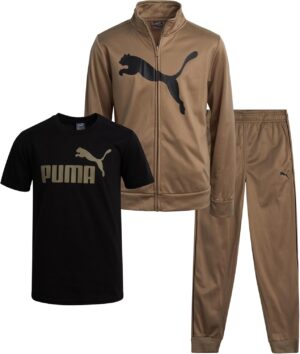 PUMA Boys' Pants Set - 3 Piece Athletic T-Shirt, Zip Up Jacket, Jogger Pants - Boys Activewear Tricot Jogset (4-16)