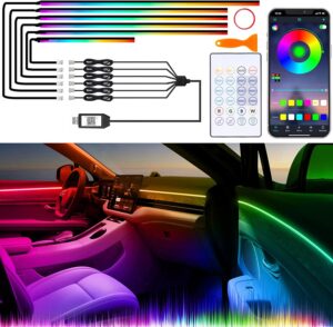 Acrylic Interior Car Lights with Wireless APP/Remote/Button Control, 6 in 1 Dreamcolor USB Car Ambient Lighting Kit 16 Million Colors Neon Strip Accessories for Vehicle Inside Decoration