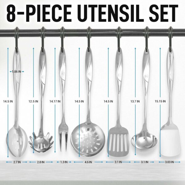 Zulay Kitchen Stainless Steel Cooking Utensil - Stainless Steel Kitchen Utensil - Durable Kitchen Gadgets - Metal Kitchen Accessories - Easy to Clean Kitchen Tools - 8 Piece Set