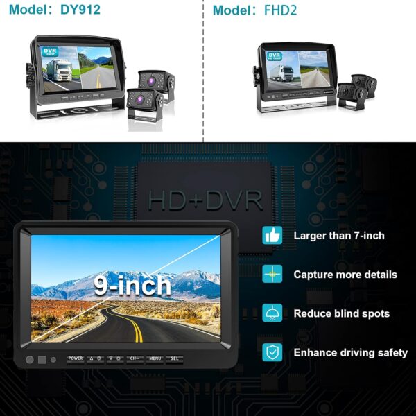 Fookoo Ⅱ HD 1080P 9" Wired Backup Camera System, 9-inch DVR Dual Split Screen Monitor, IP69 Waterproof Rear View Camera for Truck/Trailer/Box Truck/RV, Loop Record, Parking Lines (DY912)