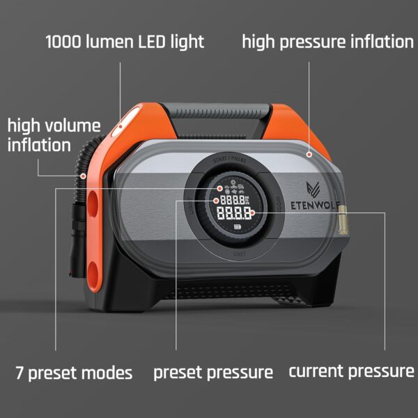 ETENWOLF VORTEX S6 Tire Inflator Portable Air Compressor for Heavy-duty Vehicle, Cordless Air Pump for Car & Inflatables with 19200 mAh Battery, 100% Duty Cycle & Dual Cylinder Bike Pump, Vivid Orange