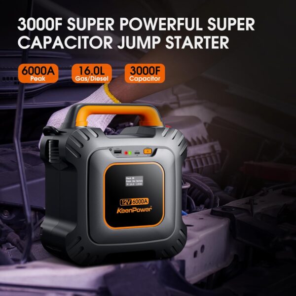 6000A Super Capacitor Jump Starter [Upgraded Clamps & Screen Version], No Traditional Battery, Powerful Jump Box for All 12V Cars, Works in -45°F Env, 3-Mins Fast Charging for Instant Usage