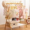 Kids Clothing Rack with 2 Hanging Rods and 4 Hooks, Kid Dress Up Holder with Bottom Storage Shelf, Child Garment Stand, Small and Foldable, Bamboo (Natural)