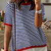 Dokotoo Womens Tops Casual Summer Crewneck Short Sleeve Striped Color Block Knit High Low Trendy Pullover Sweaters