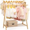 Kids Clothing Rack with 2 Hanging Rods and 4 Hooks, Kid Dress Up Holder with Bottom Storage Shelf, Child Garment Stand, Small and Foldable, Bamboo (Natural)