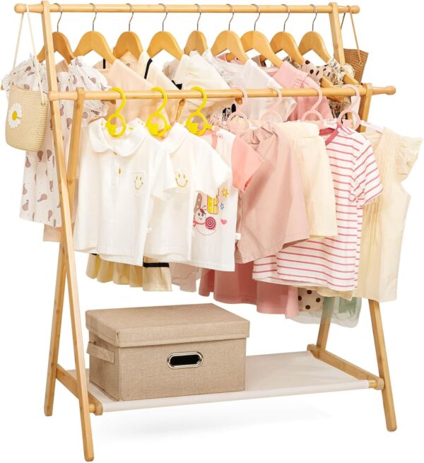 Kids Clothing Rack with 2 Hanging Rods and 4 Hooks, Kid Dress Up Holder with Bottom Storage Shelf, Child Garment Stand, Small and Foldable, Bamboo (Natural)