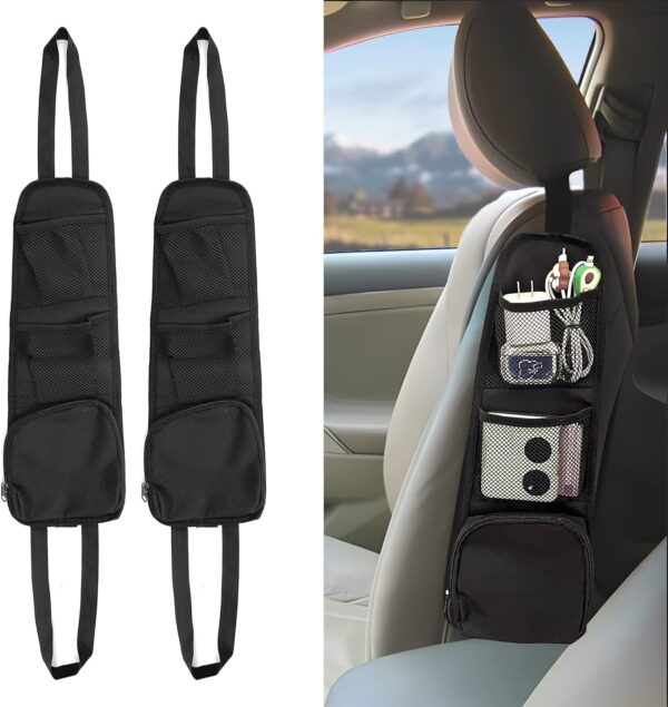 QUICTO 2PCS Car Seat Storage Hanging Bag, Multi-Pocket Seat Side Organizer, Multifunctional Mesh Net Pocket, Can Hold Mobile Phone, Wallet, Glasses, Suitable for Cars, SUVs, Trucks