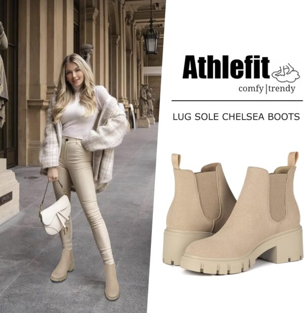 Athlefit Women's Chelsea Boots Fashion Lug Sole Chunky Heel Slip on Elastic Ankle Booties