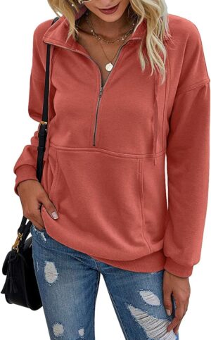 PRETTYGARDEN Women's Casual Long Sleeve Lapel Zipper Sweatshirt Drawstring Loose Pullover Tops