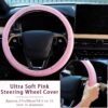 15 Pcs Pink Bling Car Accessories Set Valentine's Day Gift Leather Steering Wheel Cover Seatbelt Cover Car Ring Sticker Center Console Pad USB Port Flower Air Vent Clip