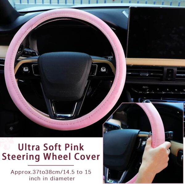 15 Pcs Pink Bling Car Accessories Set Valentine's Day Gift Leather Steering Wheel Cover Seatbelt Cover Car Ring Sticker Center Console Pad USB Port Flower Air Vent Clip