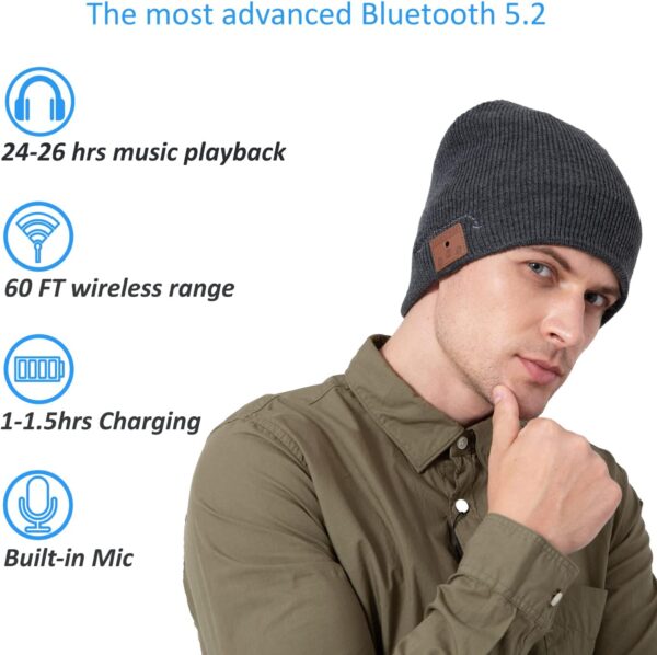 beanie MUSICBEE Bluetooth V5.2 Wireless Knit Winter Cap, 24 Hour Play time, Built-in Microphone and HD Stereo Speakers, Wool Lined for Outdoor Homes and Gifts - Neutral (Charcoal)