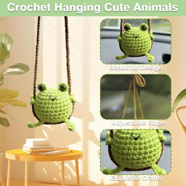 Crochet Swinging Frog Car Mirror Hanging Accessories, Cute Car Decorations for Women Aesthetic, Handmade Knitted Rearview Mirror Car Accessories Home Office Car Mirror Decor