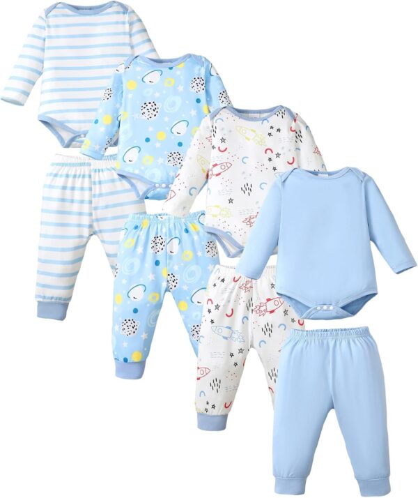 NZRVAWS Newborn Baby Boy Clothes Infant Romper Pants Set Hat 4-Pack Outfits 0-12 Months 16 Pieces Gift Toddler Girl Unisex