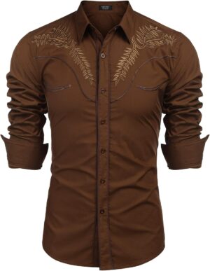 COOFANDY Men's Western Shirts Long Sleeve Slim Fit Embroideres Cowboy Shirts Casual Button Down Shirt