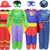 Boys Muscle Chest Dress up Costumes Trunk with Superhero, Policeman, Fireman Costume, Kids Pretend Role Play Costumes Set, Boys Dress up Clothes for Kids Ages 3 4 5 6 7