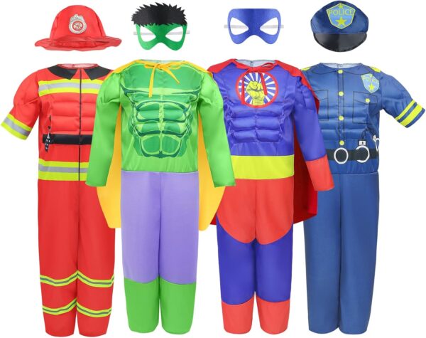 Boys Muscle Chest Dress up Costumes Trunk with Superhero, Policeman, Fireman Costume, Kids Pretend Role Play Costumes Set, Boys Dress up Clothes for Kids Ages 3 4 5 6 7