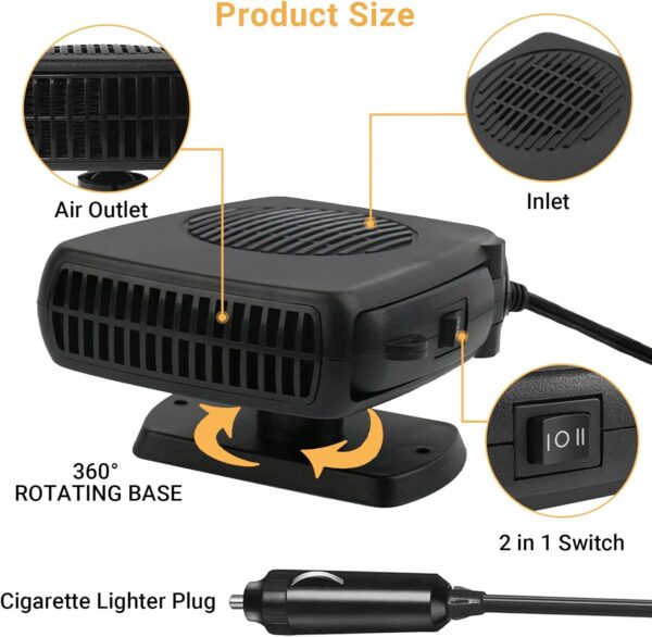 200W Car Heater, 12V Car Heater That Plugs into Cigarette Lighter, Portable Car Heaters and Car Defroster Windshield Defogger, Heater for Car with 360 Degree Rotary Base