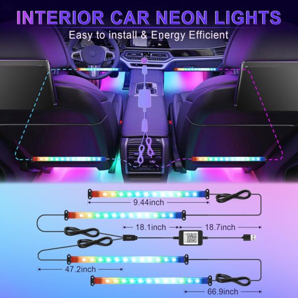 LivTee Accent Interior Car Lights, Smart Car Interior Lights with App Control, RGB LED Lights with Music Mode and DIY Mode, 2 Lines Design LED Lights for Cars with Charger, Car Accessories for Women