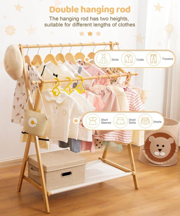 Kids Clothing Rack with 2 Hanging Rods and 4 Hooks, Kid Dress Up Holder with Bottom Storage Shelf, Child Garment Stand, Small and Foldable, Bamboo (Natural)