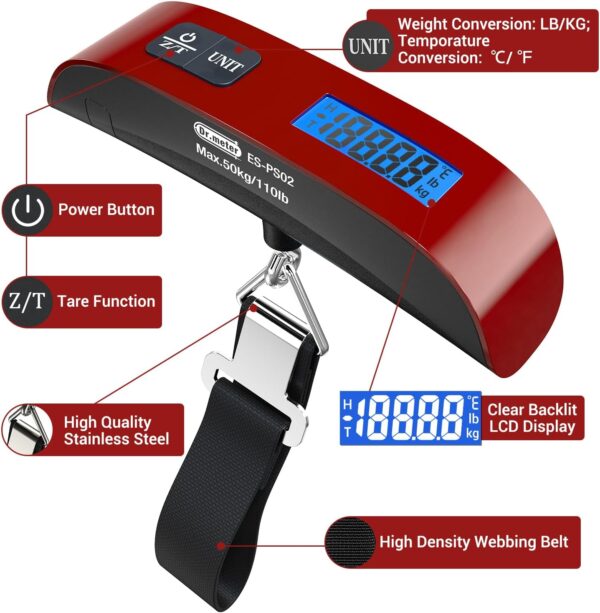 Luggage Scale, Dr.meter Luggage Weight Scale Backlight LCD Display PS02 110lb/50kg Electronic Balance Digital Postal Travel Accessories with Rubber Paint Handle Temperature Sensor, Red