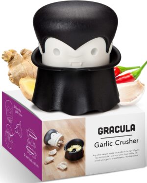 OTOTO Gracula Garlic Crusher, Garlic Peeler, Also for Ginger, Nuts, Chili, Herbs - Twist Top Mincer & Easy Squeeze Manual Press Peeler, Goth Gifts