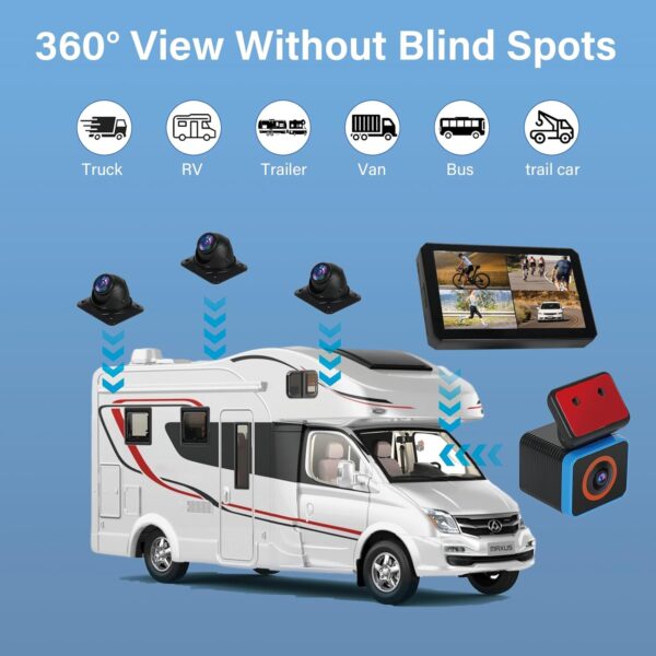 6CH AI WiFi GPS Sentry Mode RV Backup Camera System 10.1" Touch Screen Monitor with 4 1080P Rear Side View Camera,Mobile DVR Recording Live View on APP/Web/PC for Truck Trailer Tractor Fleet